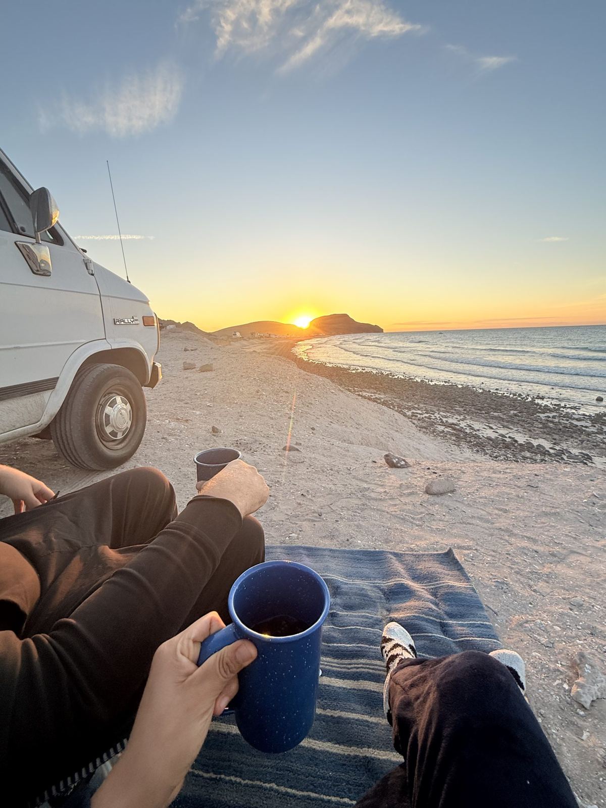 Sunrise coffee next to the van, Playa Tecolote, La Paz